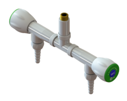ILA Eckventile für Wasser, montiert auf einem T-Verteiler für den senkrechten Einbau