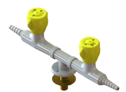ILA T-Durchgangsarmatur für Erdgas und LPG mit fester Schlauchtülle auf T-Verteiler für waagerechten Einbau mit fester Rosette aus Messing